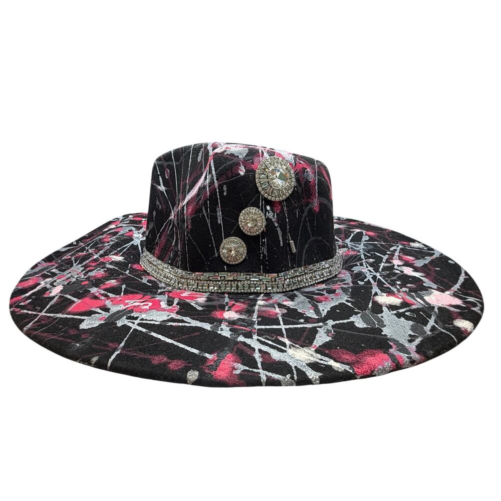 Custom handmade Fedora Paint splatter design and rhinestone accents